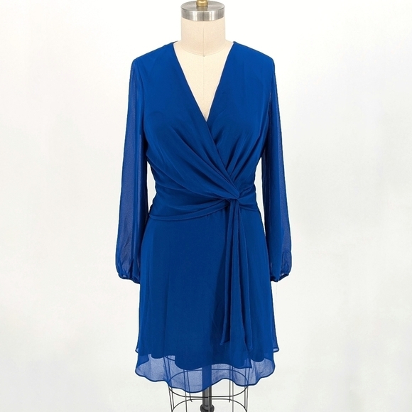 NWT Lauren Ralph Lauren Chiffon A Line Dress Blue 10 long sleeves preppy office - Picture 1 of 10